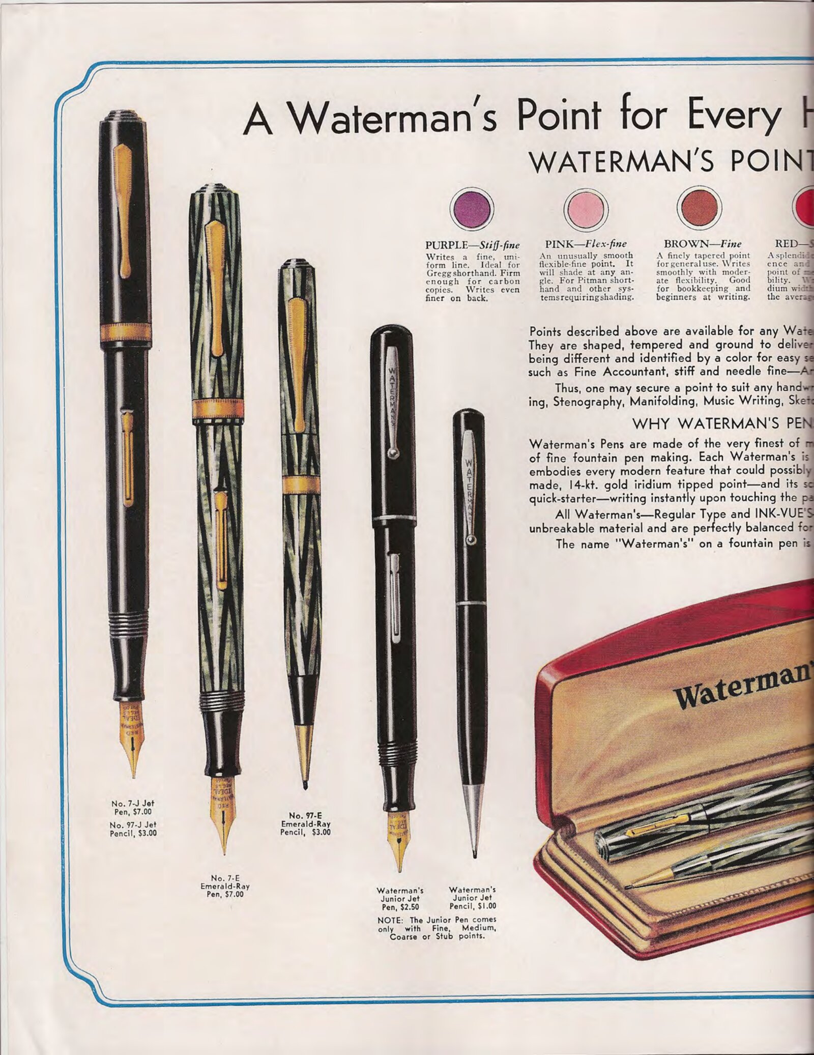 1936 catalog: No. 7 in Jet and Emerald-Ray ($7) with color nib system