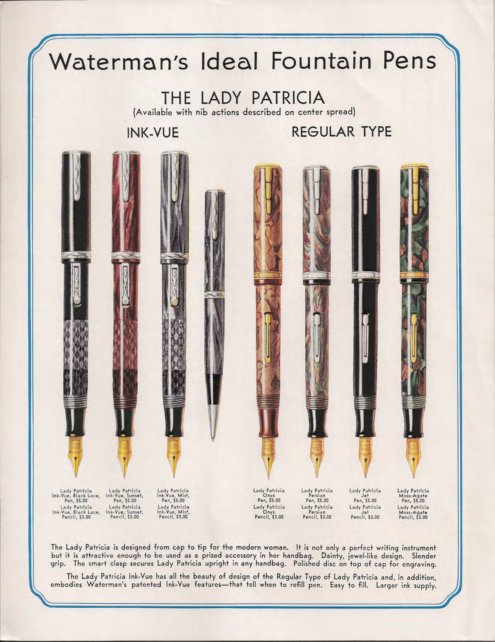 1936 catalog: Lady Patricia in Ink-Vue (Black Lace, Sunset, Mist) and Regular Type (Onyx, Persian, Jet, Moss-Agate)