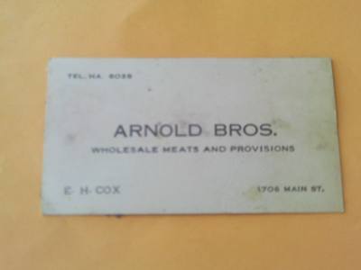 RARE 1930s POSTCARD SIZE BUSINESS CARD ARNOLD BROS. MEAT BUTCHER KANSAS CITY MO