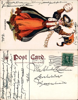 Princeton - Princeton woman in orange and black dress with pennant
