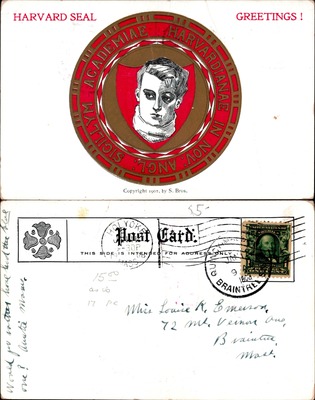 Harvard - Harvard seal greetings postcard, embossed red and gold