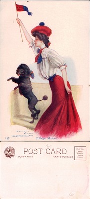 College mascot woman in red skirt with black poodle and pennant flag
