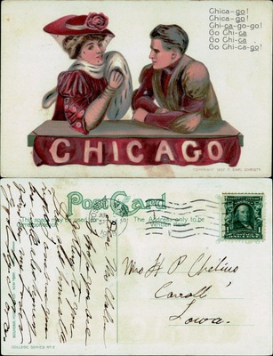 Chicago cheer couple Edwardian illustrated postcard F. Earl Christy