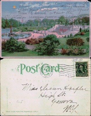 New York park fountain night scene moonlight promenade postcard