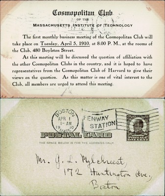 MIT - MIT Cosmopolitan Club meeting notice April 5 1910 Boston