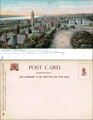 Cornell bird's-eye campus panorama with clock tower