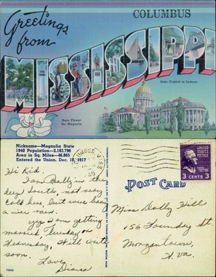 Greetings from Mississippi large-letter linen postcard Columbus