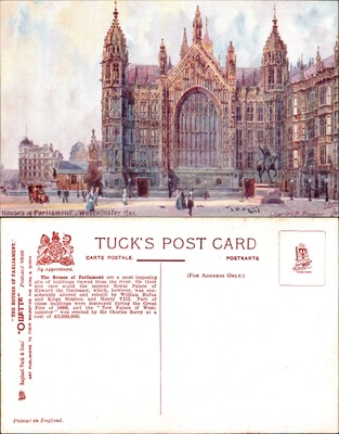 Houses of Parliament Westminster Hall London, Tuck Oilette painting by Charles F. Flower