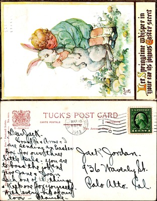 Easter Child with White Rabbit Spring Flowers Tuck Postcard