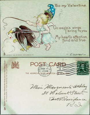 Patriotic Valentine Cherub on Eagle, Raphael Tuck