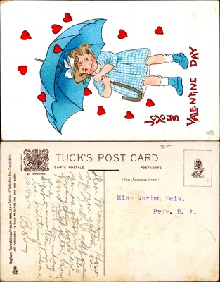 Girl with blue umbrella in shower of red hearts, Valentine Day