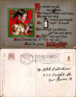 Tuck Valentine embossed girl with scissors sewing themed poem