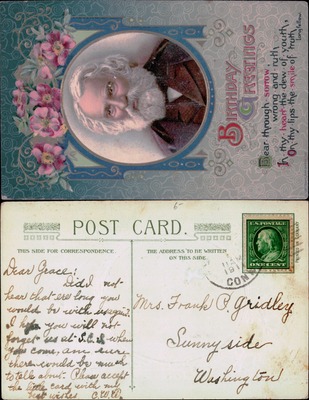 Birthday Greetings Longfellow portrait poem embossed postcard