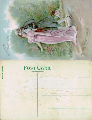 Couple walking with Cupid, Cupid's Captives Valentine embossed card