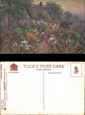 English thatched cottage with colorful summer garden Tuck Oilette