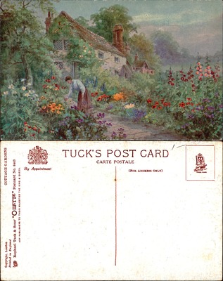 Woman in English cottage garden flowers thatched roof Tuck Oilette