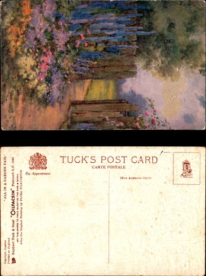 Garden gate with colorful flowers, impressionistic painting, Tuck Oilfacsim series