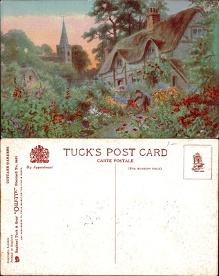 English Cottage Garden with Thatched Roof, Tuck Oilette