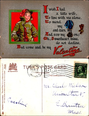 Valentine poem young woman winter coat embossed Tuck postcard