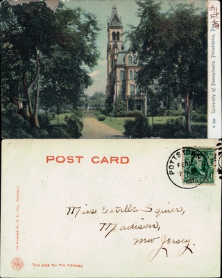 Tree-lined campus path with Gothic tower, UPenn, Philadelphia