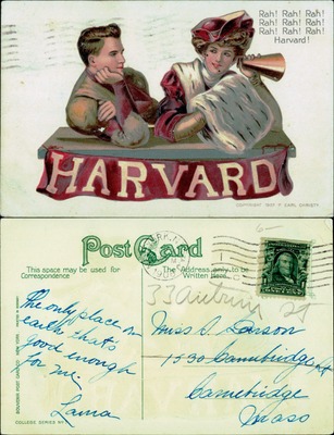 Harvard pennant card with Christy couple and megaphone, 1907