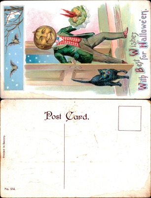 Halloween greeting card with large-headed man, black cat, and bats