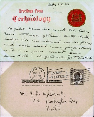 MIT 'Greetings From Technology' postcard with seal, handwritten German message