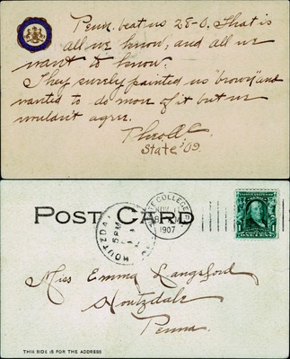 Penn State vs Penn football score message postcard 1907, Pennsylvania State University