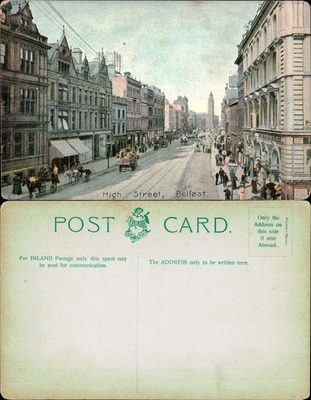 High Street scene with horse carts, Belfast, Ireland