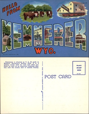 Hello From Kemmerer, Wyoming large-letter linen postcard