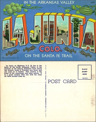 La Junta Colorado large-letter linen postcard on Santa Fe Trail
