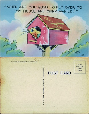 Comic birdhouse cartoon bird chirp invitation humor postcard