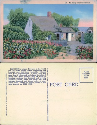 Early Cape Cod cottage with flower garden and fence