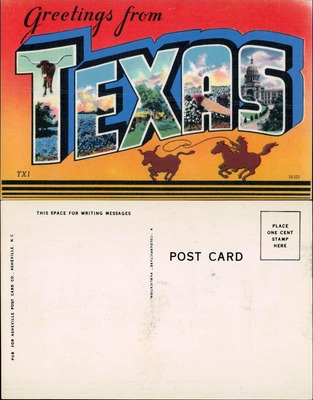 Greetings from Texas large-letter linen postcard with longhorns and capitol