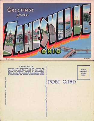 Greetings from Zanesville, Ohio large-letter linen postcard with Y-Bridge