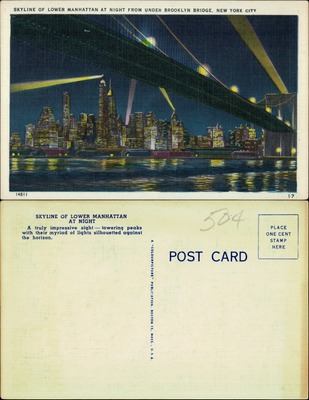 Skyline of Lower Manhattan at Night from Brooklyn Bridge, NYC