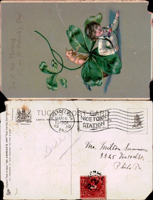 St. Patrick's Day — Boy on Four-Leaf Clover with Pig