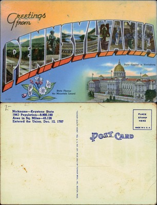 Greetings from Pennsylvania Large Letter Linen Postcard
