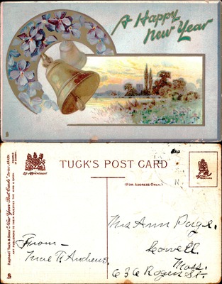 A Happy New Year, Bell and Violets, Tuck's Postcard