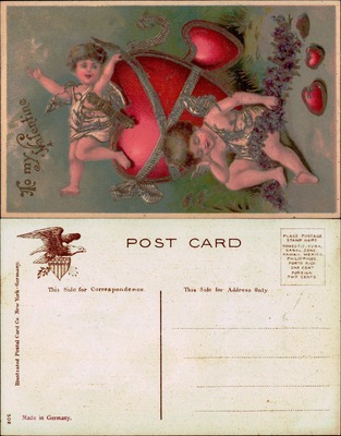 To My Valentine Embossed Cupids and Heart Greeting Postcard