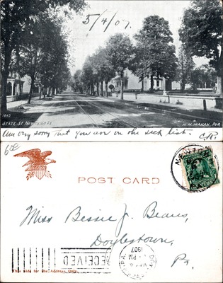 State Street, Newtown PA, tree-lined trolley street view 1907