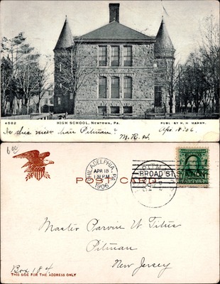 High School building, Newtown PA, stone Romanesque architecture 1906
