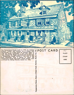 Temperance House colonial tavern, Newtown PA, linen illustration