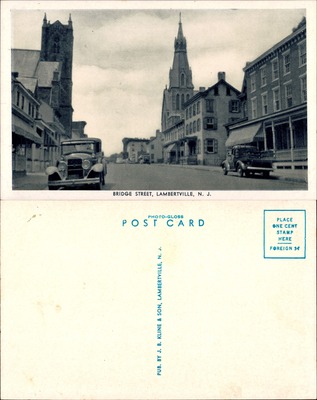 Bridge Street street view with churches and vintage autos Lambertville NJ