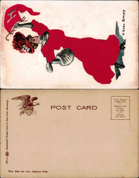 Harvard - Woman in red with a letter 'H' pennant
