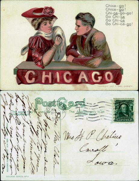 Vintage postcard of Chicago with decorative illustration