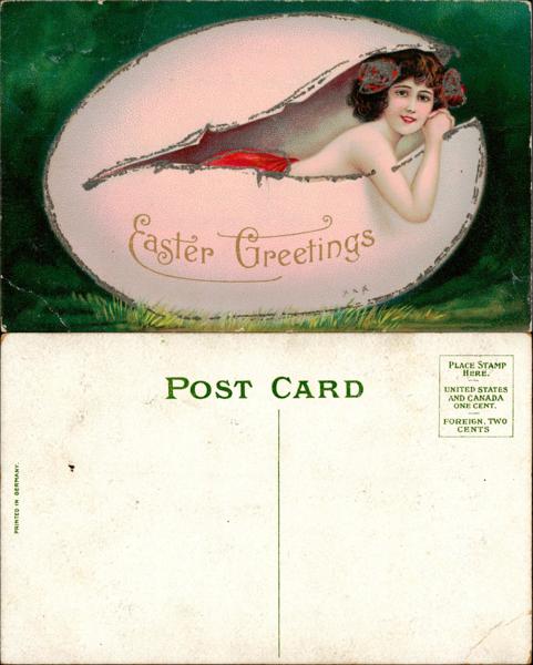 Easter Greetings postcard with woman in an egg