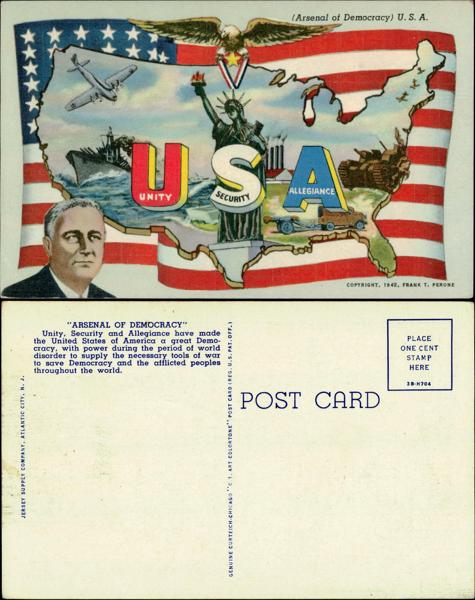 Patriotic postcard featuring the USA and symbolic representations.