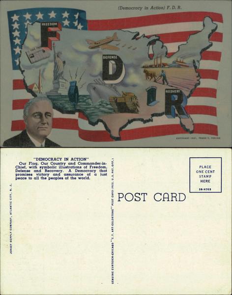 Democracy in Action postcard featuring FDR and USA map.