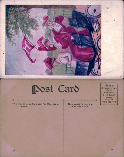 Harvard - Vintage cheerleading scene with 'H' flag.
